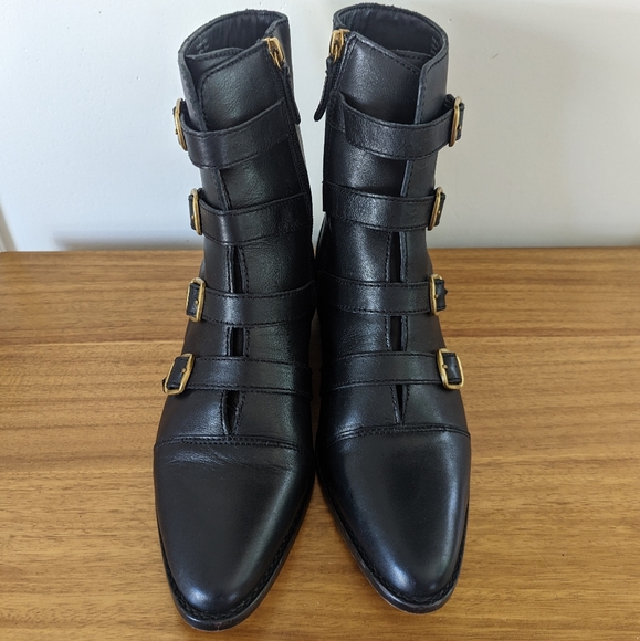 J. Crew Multi-Buckle Troy Black Leather Short Ankle Boot, sz 9 1/2 EUC - Picture 3 of 12